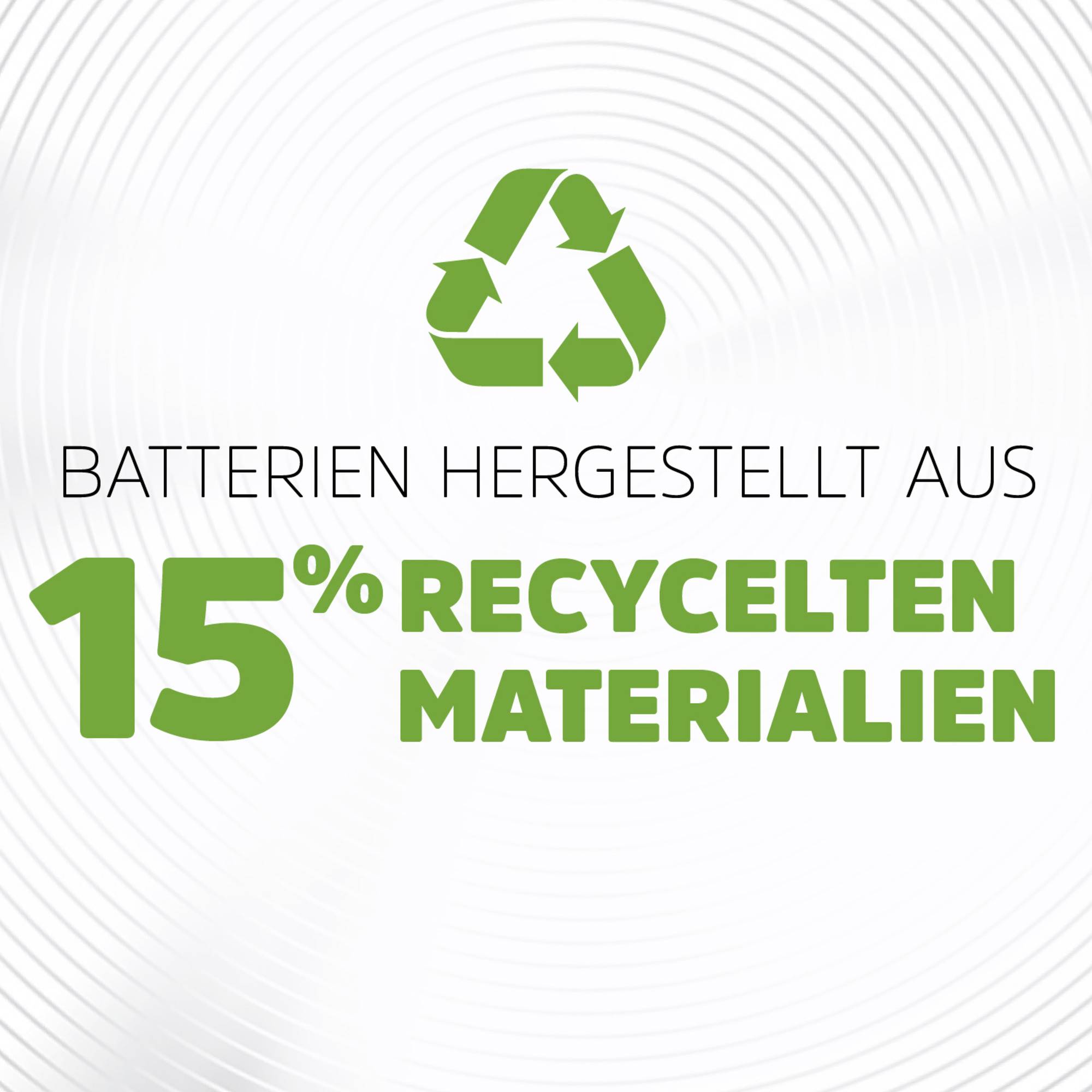 'Recycling-symbool boven tekst: Batterijen vervaardigd uit 15% gerecyclede materialen.'