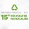'Recycling-symbool boven tekst: Batterijen vervaardigd uit 15% gerecyclede materialen.'