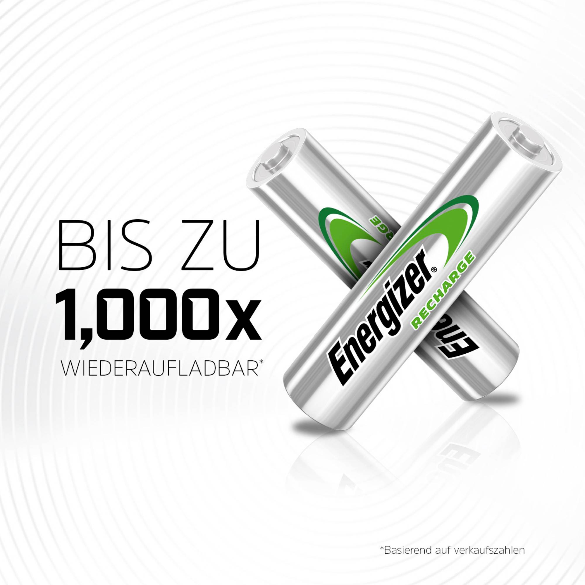 Twee batterijen met de opdruk 'Energizer Recharge' liggen gekruist. Ernaast staat 'Tot 1.000x oplaadbaar'.