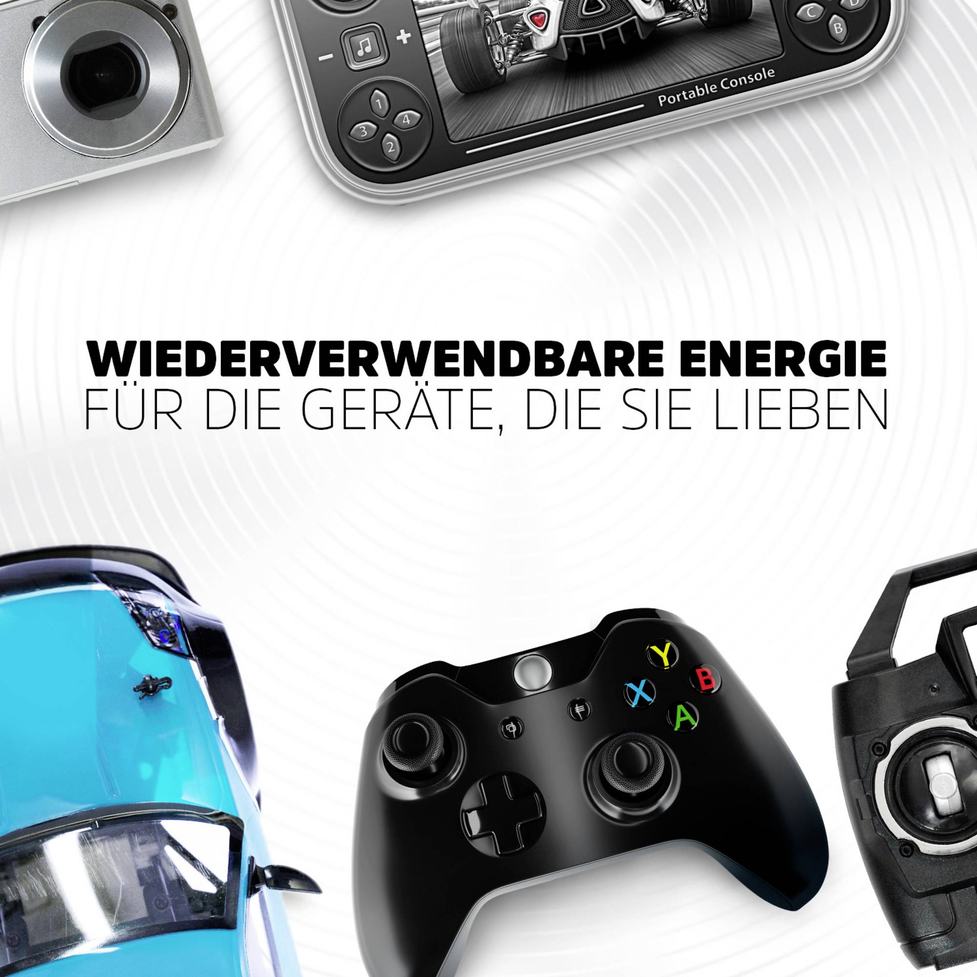 Elektronische apparaten, waaronder een camera, console, controller en hoofdtelefoon. Tekst: 'Herbruikbare energie voor de apparaten die je liefhebt'.