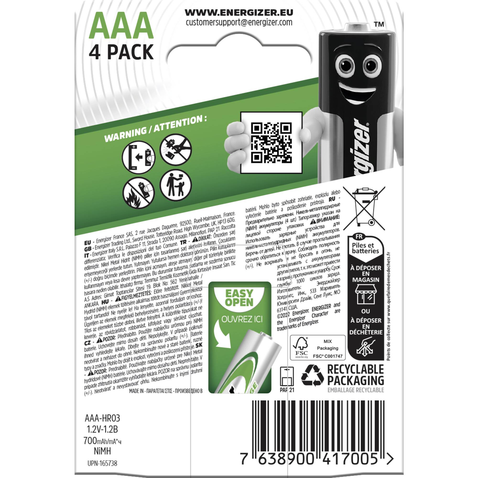 Achterkant van een batterijverpakking met QR-code, recyclinginstructies en contactgegevens. Een stripfiguur wijst naar het 'Easy Open'-vak.