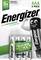 Vierpack AAA-batterijen van het merk Energizer met 22% gerecycled materiaal. Op de verpakking staat een cartoon-achtige batterijmascotte afgebeeld.