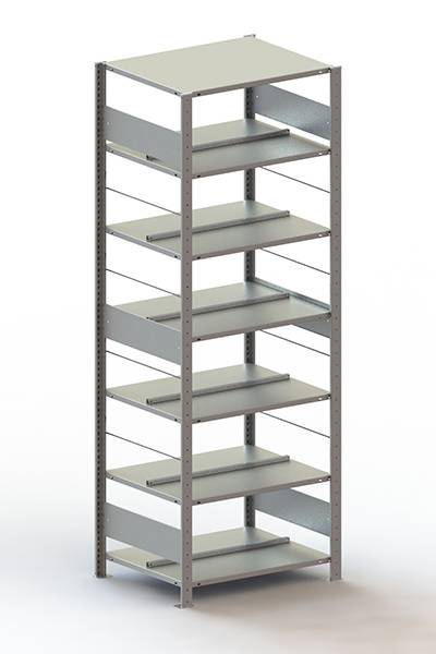 'Een hoog, stevig metalen rek met zeven verstelbare planken. Geschikt voor opslag in kantoren of magazijnen.'