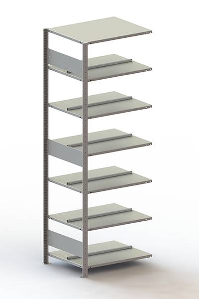 Metalen rek met acht gelijkmatig verdeelde, lege schappen, geschikt voor opslag of presentatie van voorwerpen.