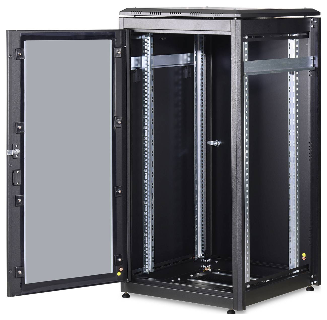 Serverrek met geopende glazen deur, toont binnenstructuur en montageframe. Geschikt voor IT-apparatuur en bekabeling.