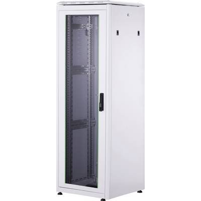 Een grijze serverrack met glazen deur, lege binnenruimte, geschikt voor het opslaan van IT-apparatuur en netwerkapparatuur.