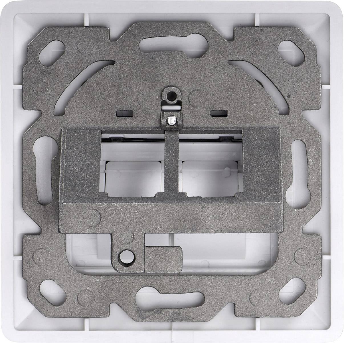 Vierkante metalen beugel, vermoedelijk voor een elektrische schakelaar, gemonteerd in een wit kunststof frame.