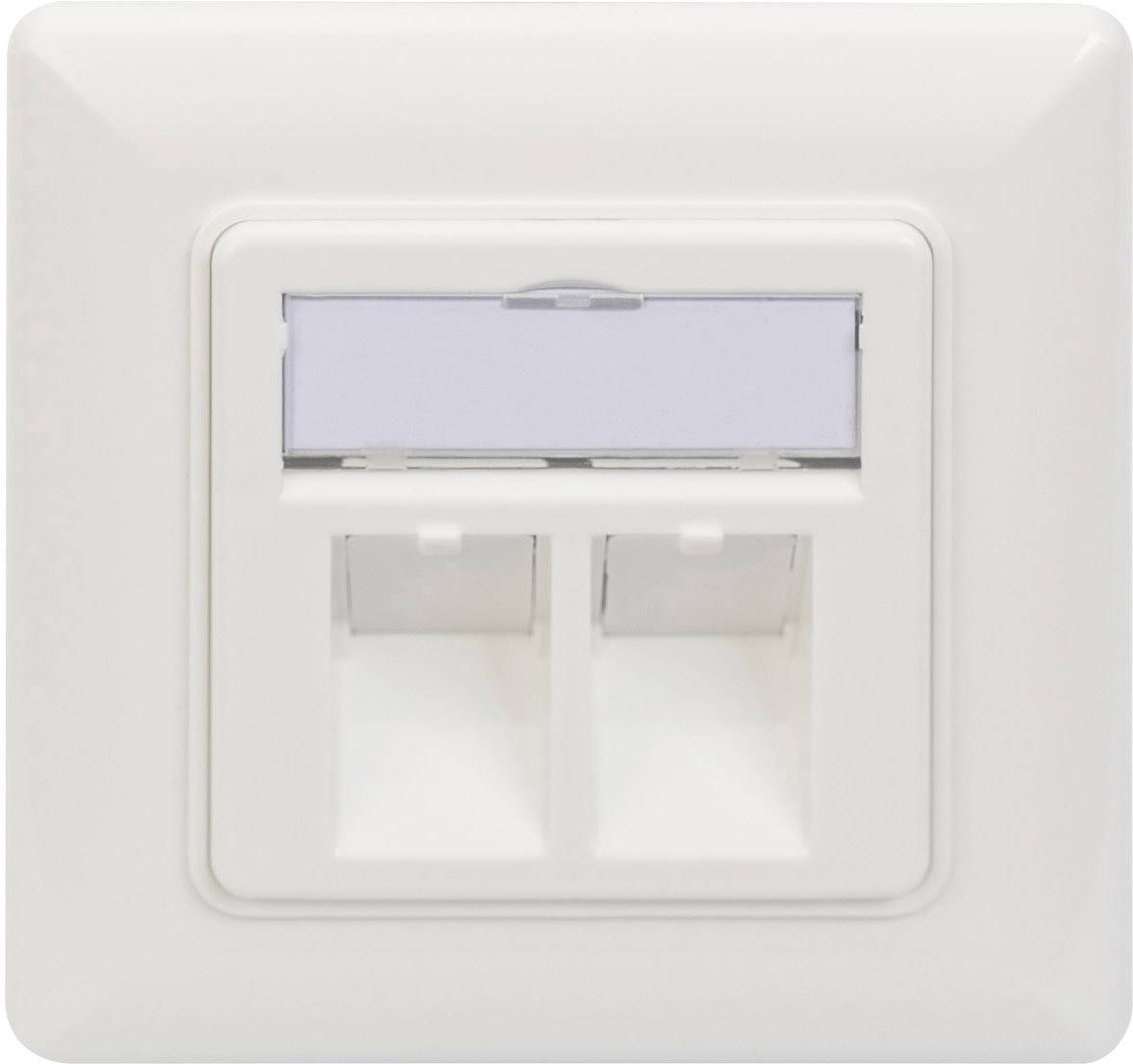 Dubbele netwerkaansluiting in wit kunststof met ruimte voor twee RJ45-aansluitingen, geschikt voor netwerkverbindingen.