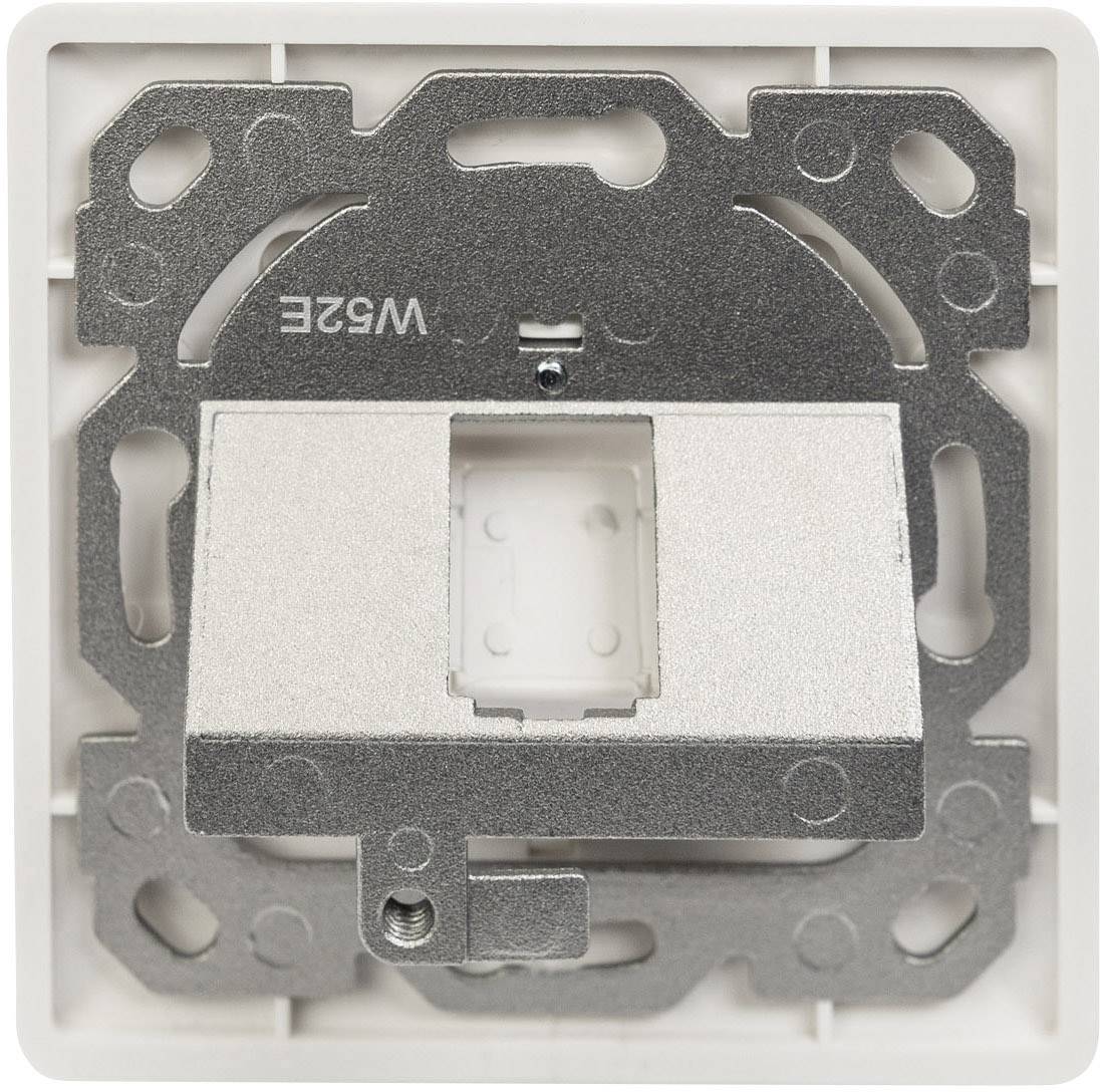 Een vierkant metalen frame voor een stopcontact of schakelaar, met bevestigingsgaten op een witte achtergrond.