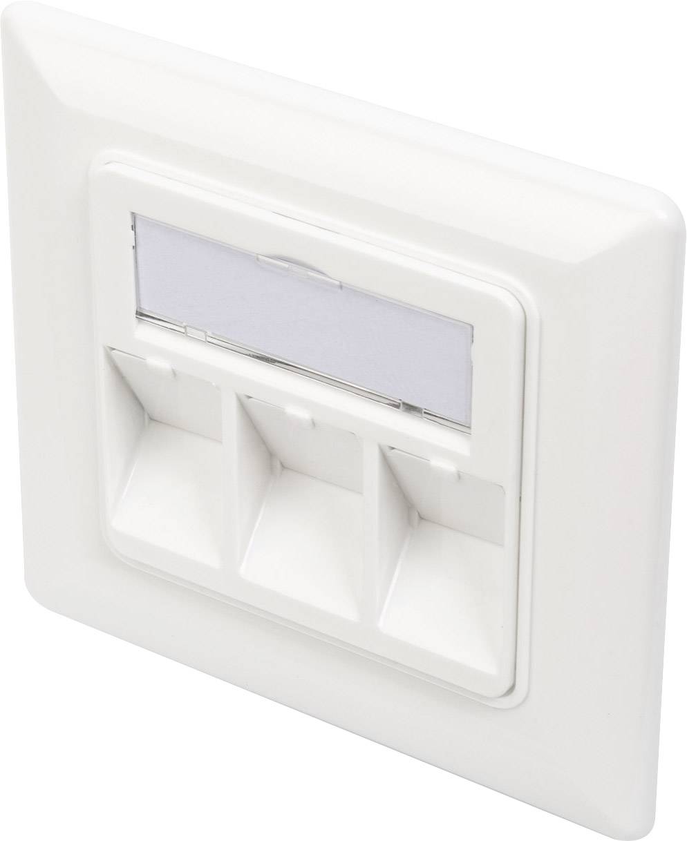 Een witte drievoudige netwerkaansluiting met een beschrijfbaar veld, geschikt voor kabelaansluitingen in thuis- of kantooromgevingen.