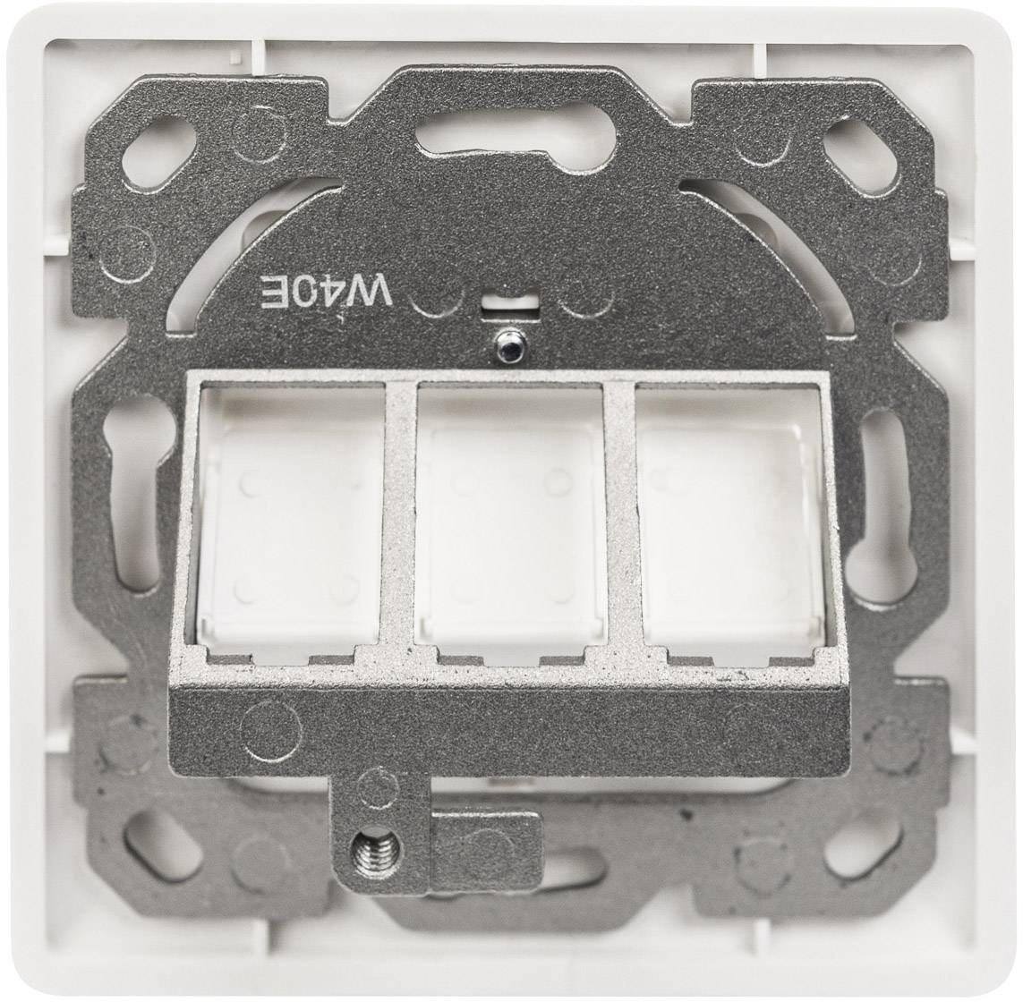 Een rechthoekige WAGO-wandverbinder met meerdere aansluitklemmen is ingebouwd in een vierkante montageplaat.