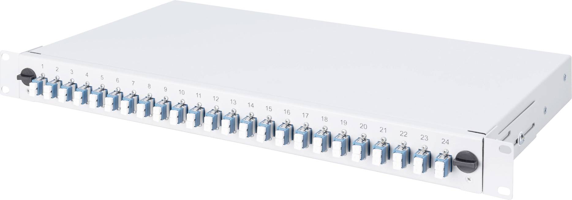 Een wit 24-poorts 19-inch patchpanel met blauwe aansluitingen, dat wordt gebruikt voor netwerbekabeling in een serverruimte.