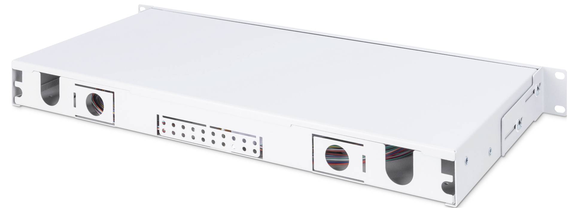 Een wit, rechthoekig metalen behuizing met meerdere uitgangen en ingangen aan de voorzijde, geschikt voor netwerk- of serveruitrusting.