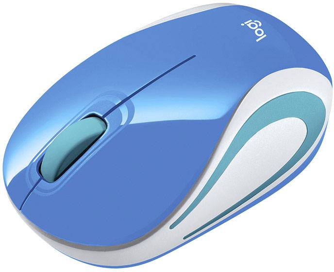Blauwe draadloze computermuis met wit en turkoois design.