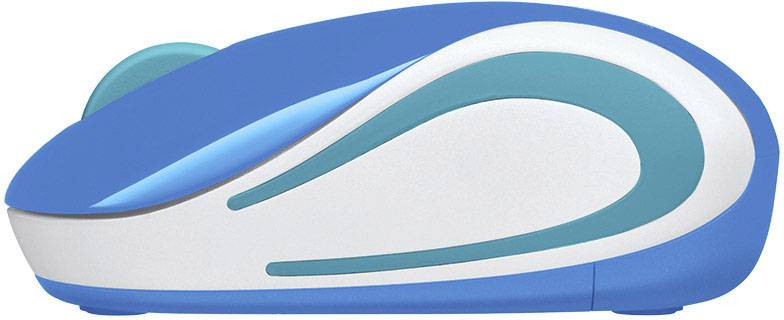 Een blauw-witte plakbanddispenser met een gebogen ontwerp en een groenachtige accentlijn.