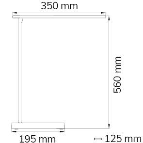 Technische tekening van een T-vormig object. Afmetingen zijn 350 mm (boven), 560 mm (hoogte), 125 mm (breed), 195 mm (onder).