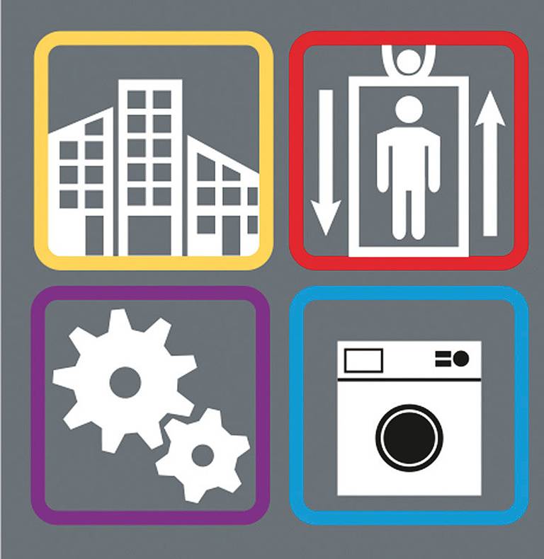 Symbolen van een gebouw, een lift, tandwielen en een wasmachine, kleurgemarkeerd. Weergave van infrastructuur en techniek.