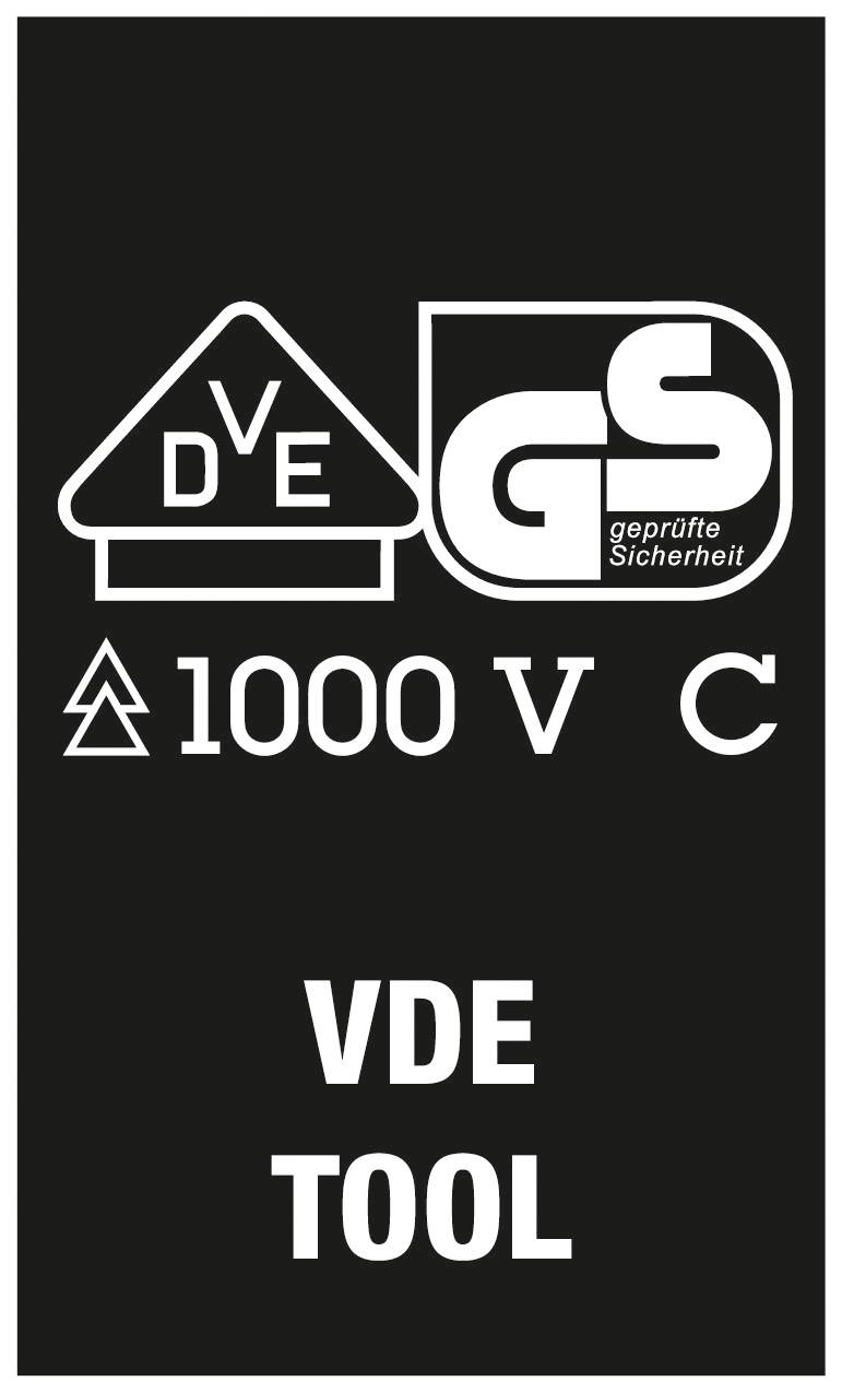 'VDE Tool'-etiket; toont symbolen: GS-teken voor geteste veiligheid en VDE tot 1000 V; markeert elektrische veiligheidsnormen.