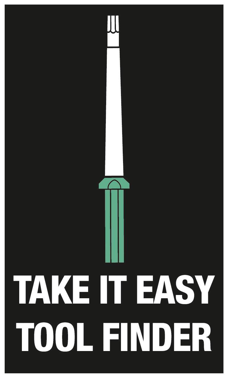 Een groene en witte gereedschapsgreep op een zwarte achtergrond. Daaronder staat 'TAKE IT EASY TOOL FINDER' in witte letters.