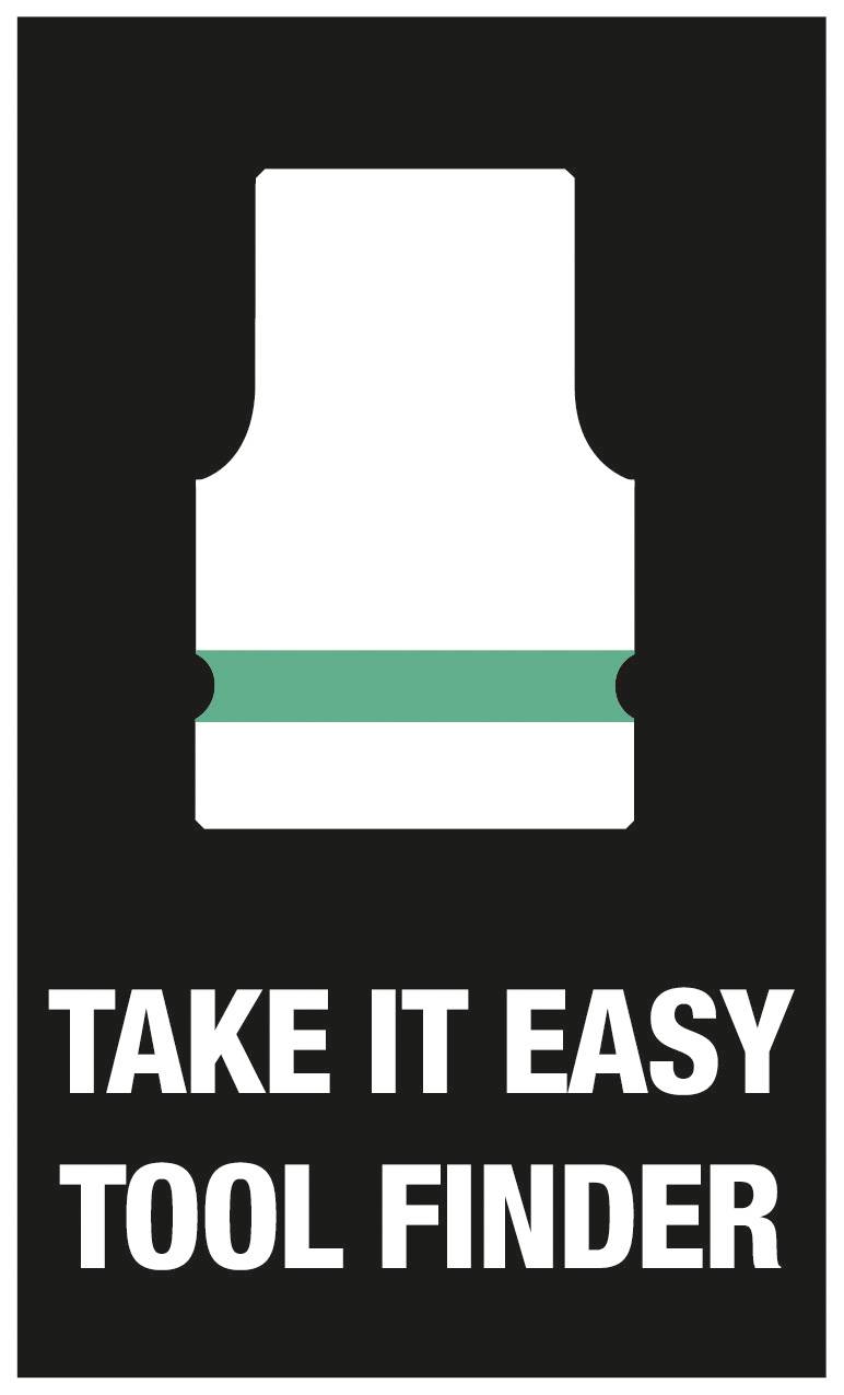 Diagram van een gereedschap met het opschrift 'TAKE IT EASY TOOL FINDER' op een zwarte achtergrond.