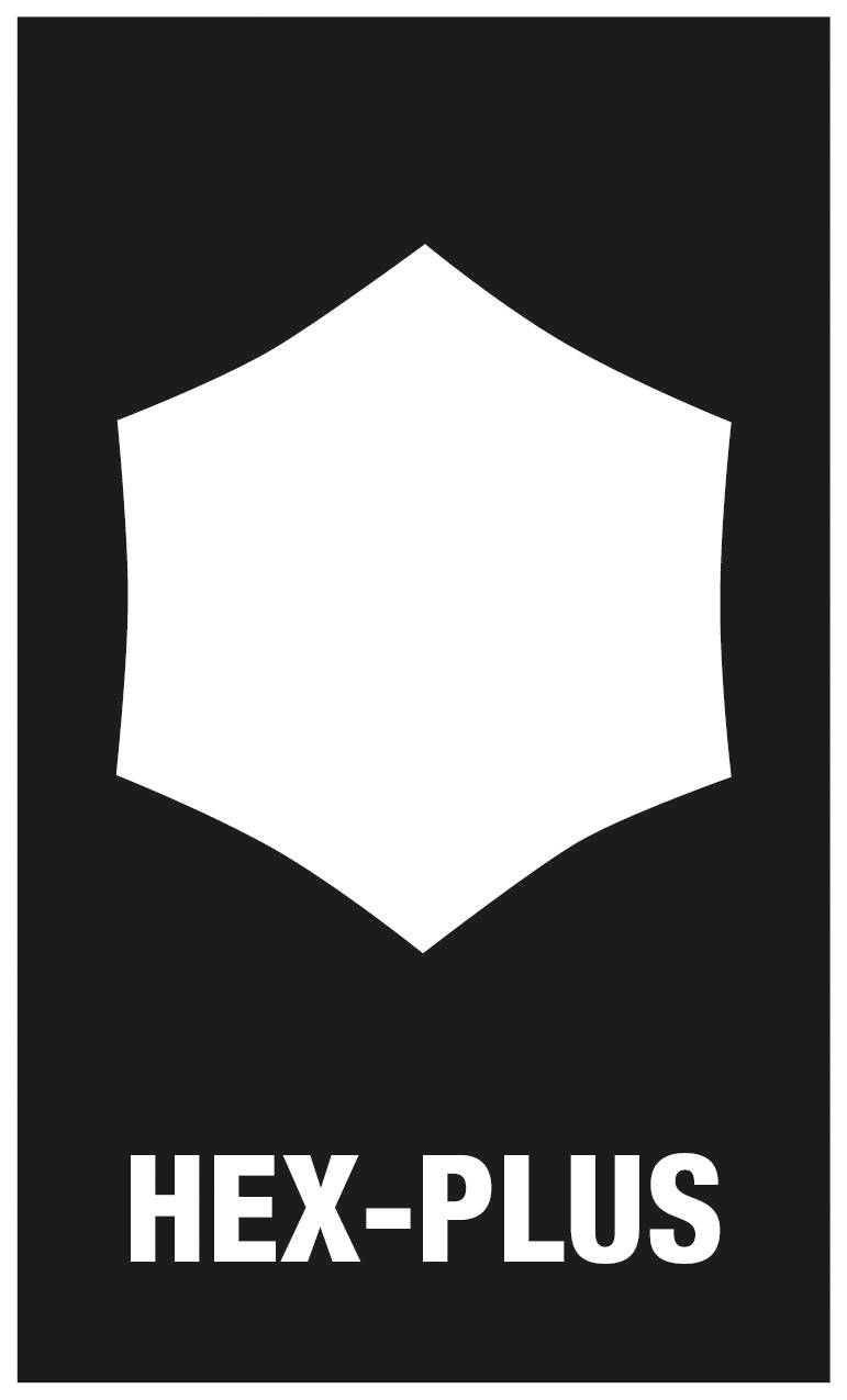 Zwart-witte afbeelding met zeshoekig symbool boven de tekst 'HEX-PLUS'.