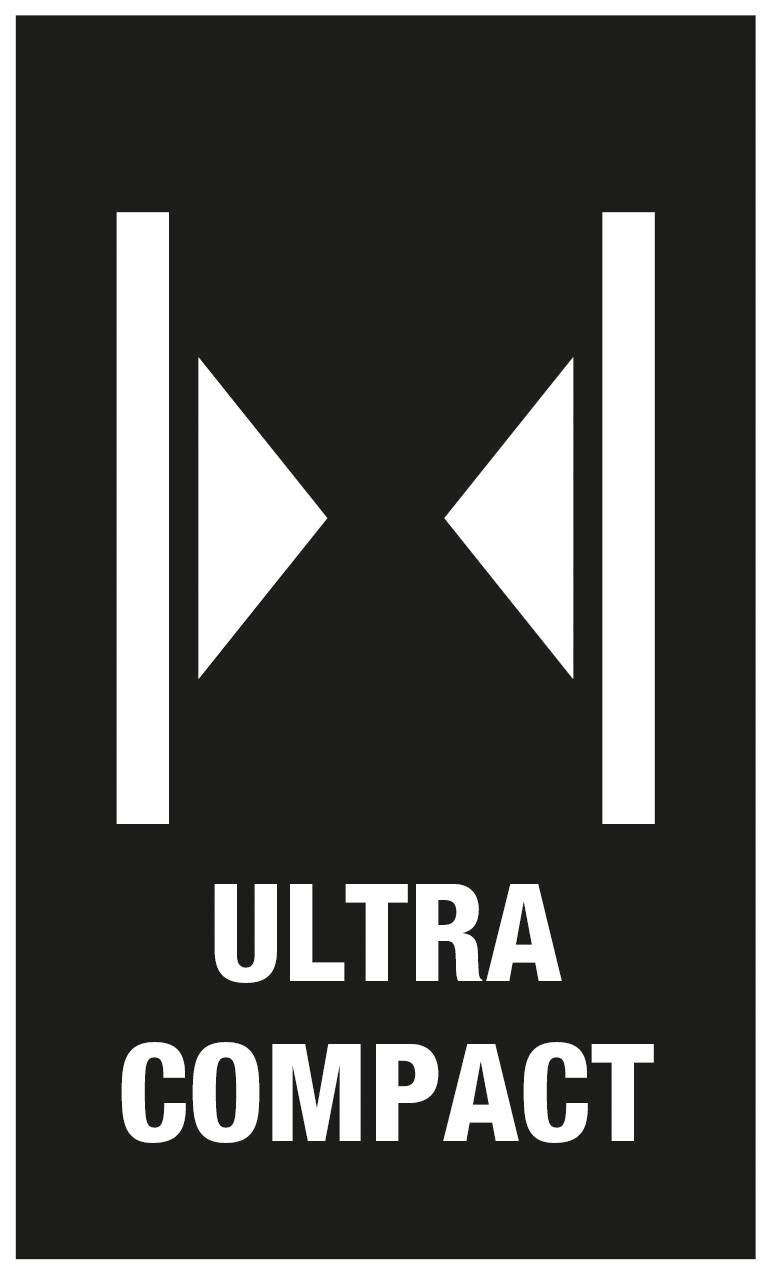 Het beeld toont een symbool met twee tegenover elkaar liggende driehoeken tussen twee lijnen, daaronder staat 'ULTRA COMPACT'.