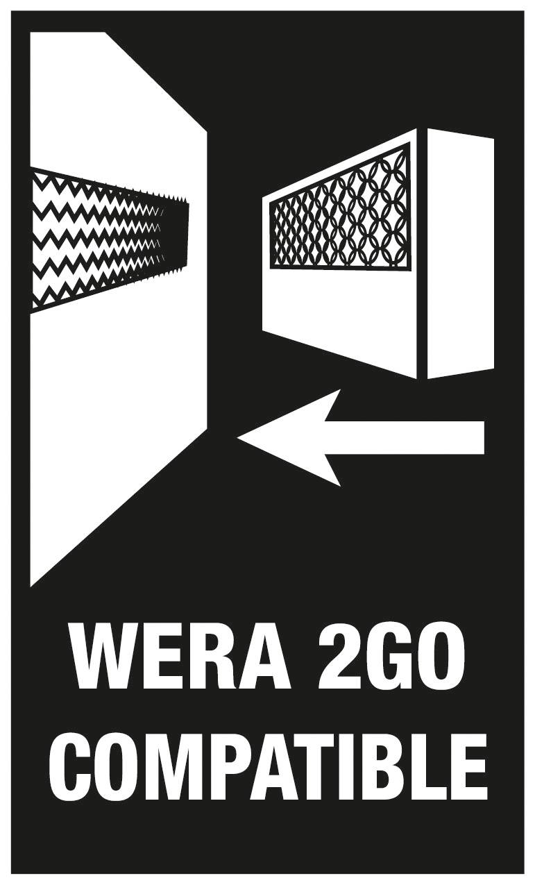 Witte grafiek toont pijl die uitgaat van een gestileerd rek, met de tekst 'WERA 2GO COMPATIBEL'.