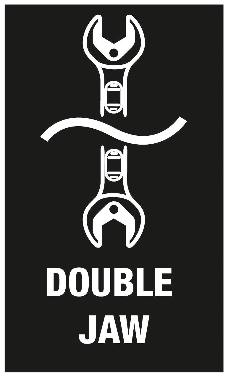'Dubbele Kaak'-Symbool: Twee tegenover elkaar liggende moersleutels die een gebogen strook vasthouden.