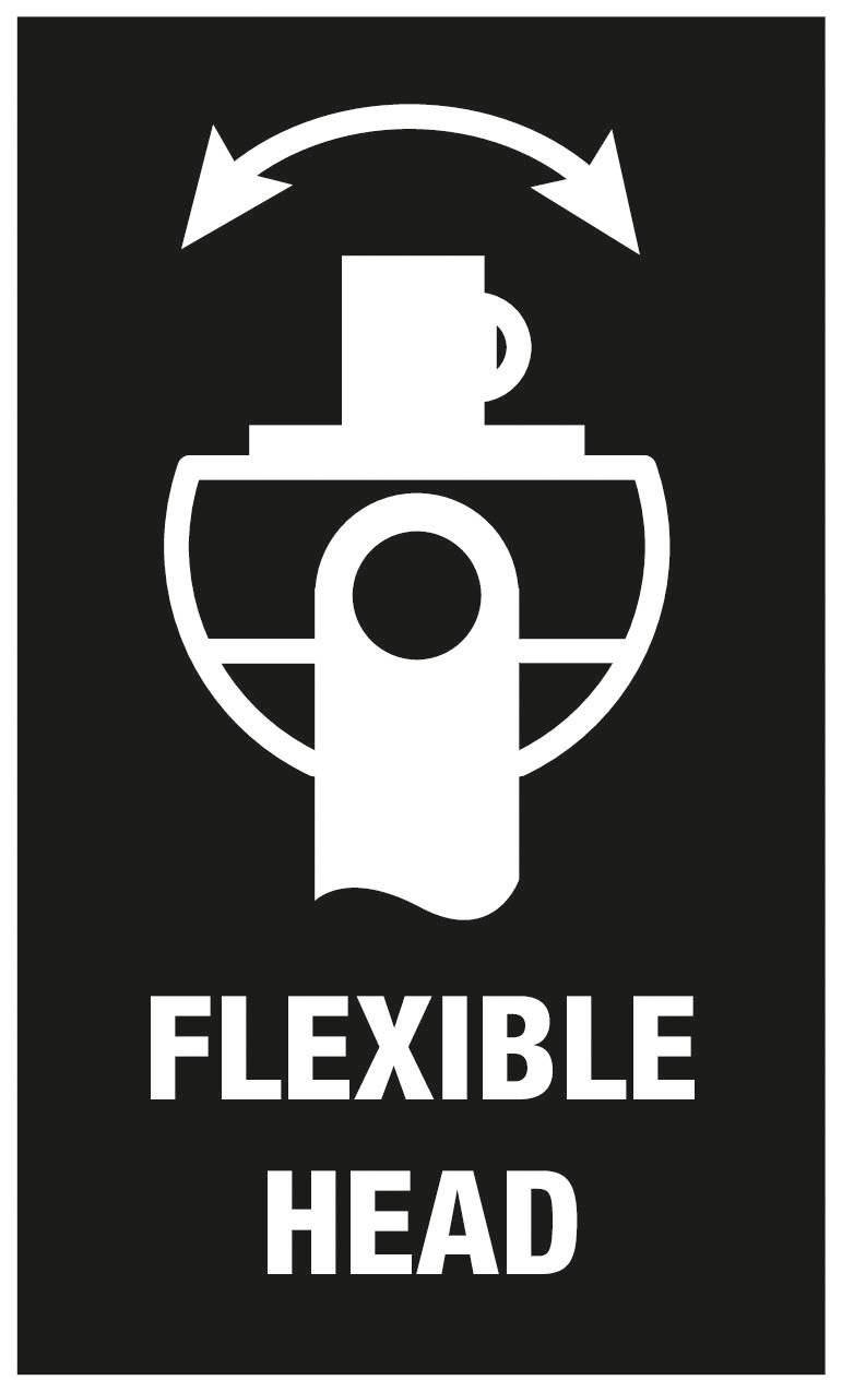 Symbool van een apparaatkop met pijl voor flexibiliteit. Tekst: 'Flexibele Kop'.