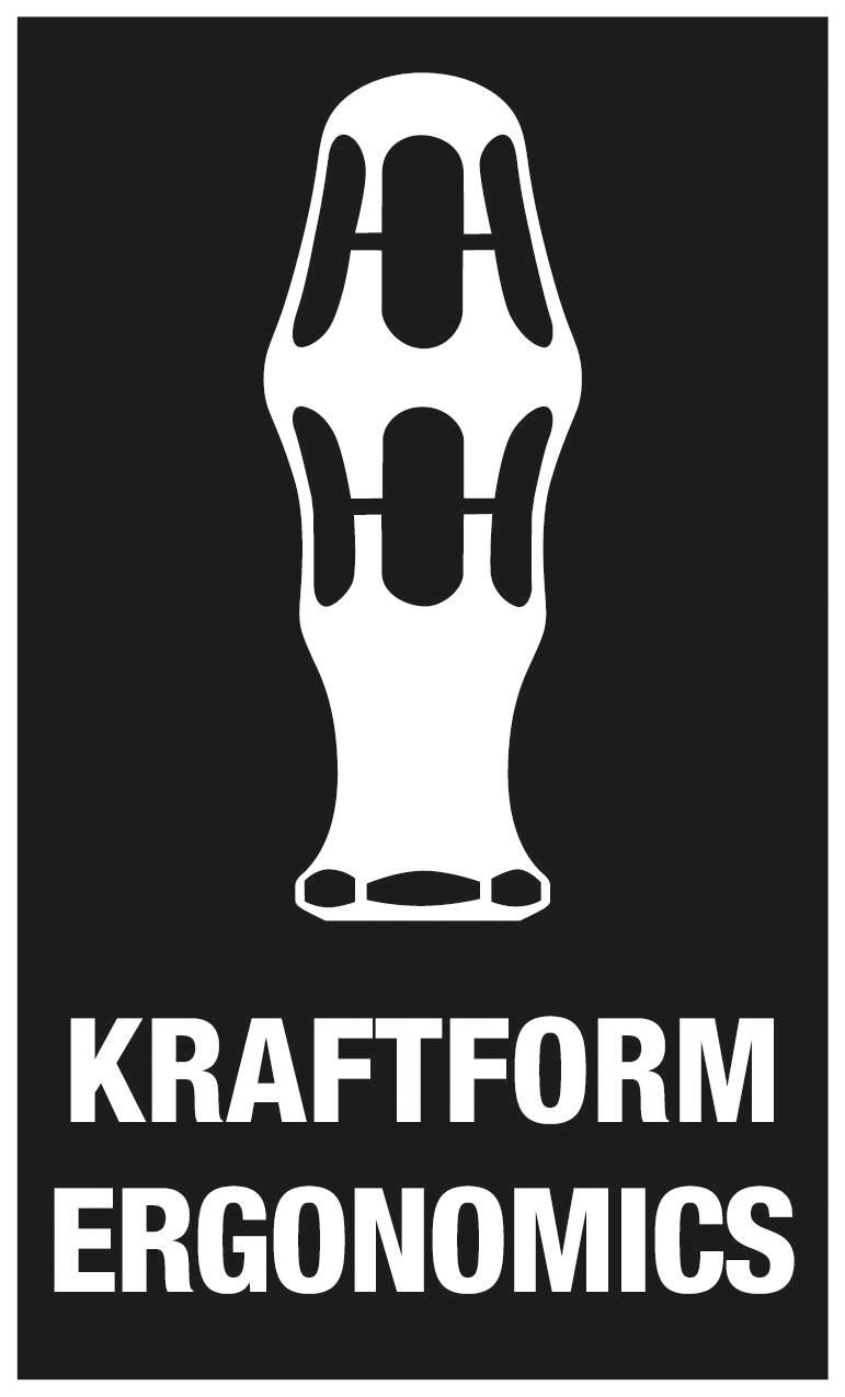 Zwart-wit logo met ergonomisch handgreep-symbool erboven en de tekst 'Kraftform Ergonomics' eronder.