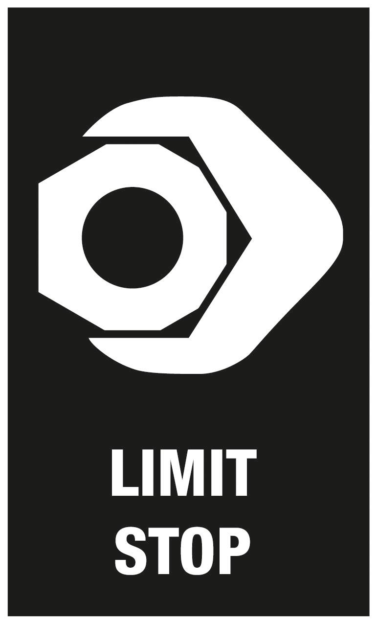 Symbool van een moersleutel die een moer vastgrijpt, met de tekst 'LIMIT STOP'. Indicator voor een eindpositie.