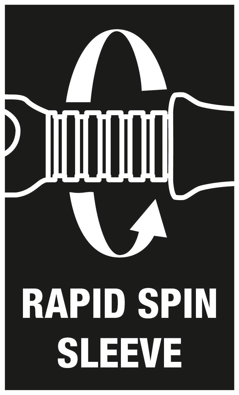 'RAPID SPIN MOUW' in grote letters. Grafiek toont een draaibeweging van een mechanisch onderdeel met een pijl die de draairichting aangeeft.
