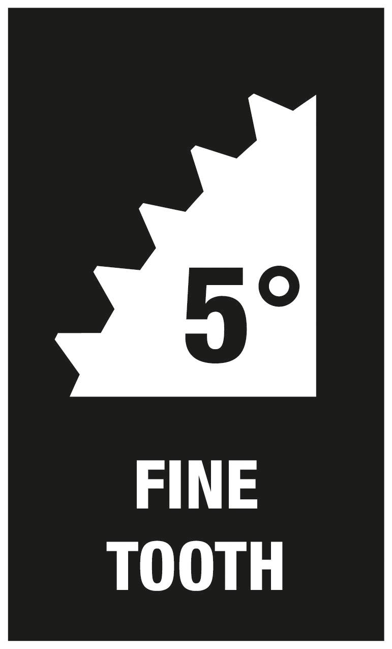 Zaaglanddiagram met tekst '5° Fijne Tand'. Toont een fijne tandstructuur met een hellingshoek van vijf graden.