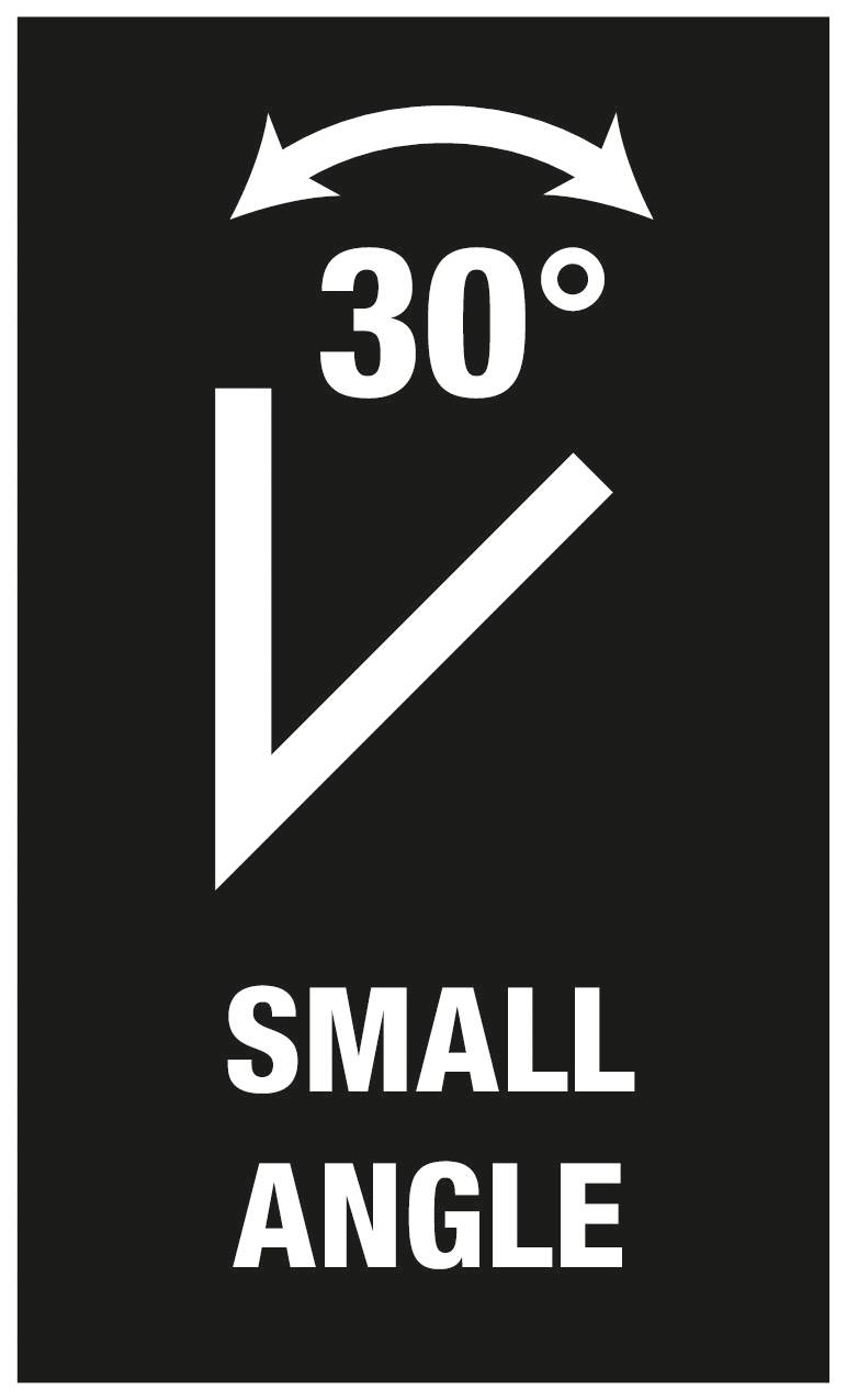 '30° Kleine Hoek' op een zwarte achtergrond, toont een klein hoeksymbool met pijlen die de 30 graden markeren.