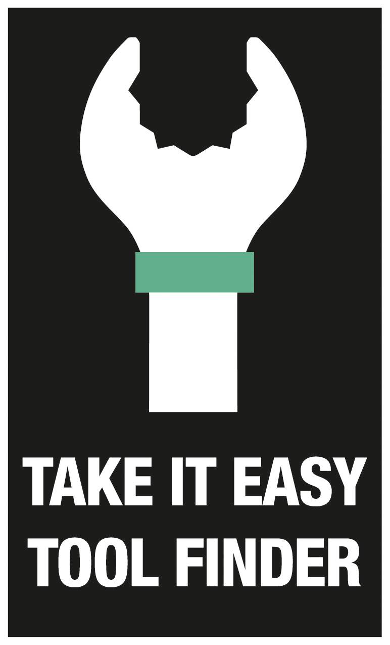Een gestileerde moersleutel-icoon op een zwarte achtergrond met de tekst 'Take it easy tool finder'.