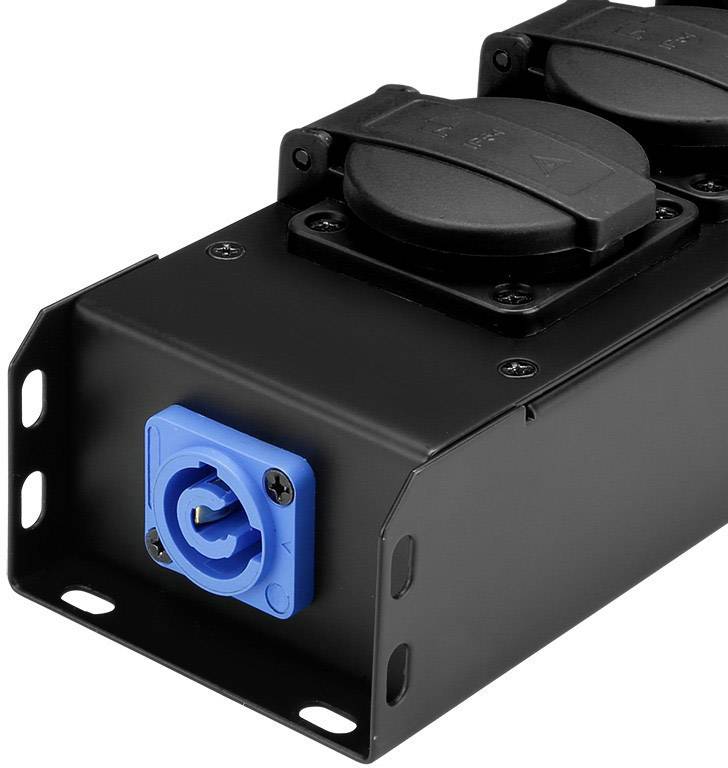 Een zwart elektrisch apparaat met een blauwe stekkerverbinding en meerdere zwarte afdekkingen, dat bestemd is voor energieverdeling.