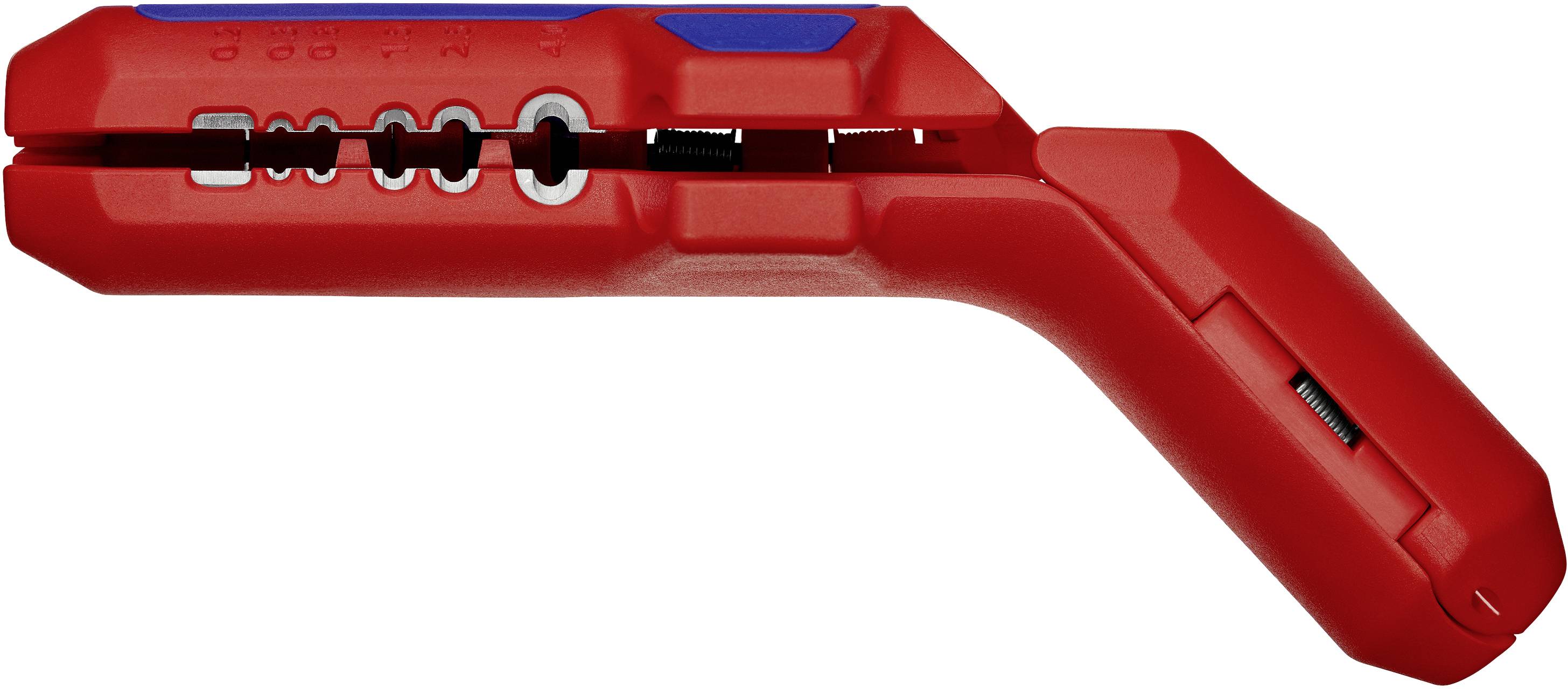 Rood kabelstriptang met blauwe en zilveren opdruk. Geschikt voor het nauwkeurig strippen van kabels met verschillende diktes.