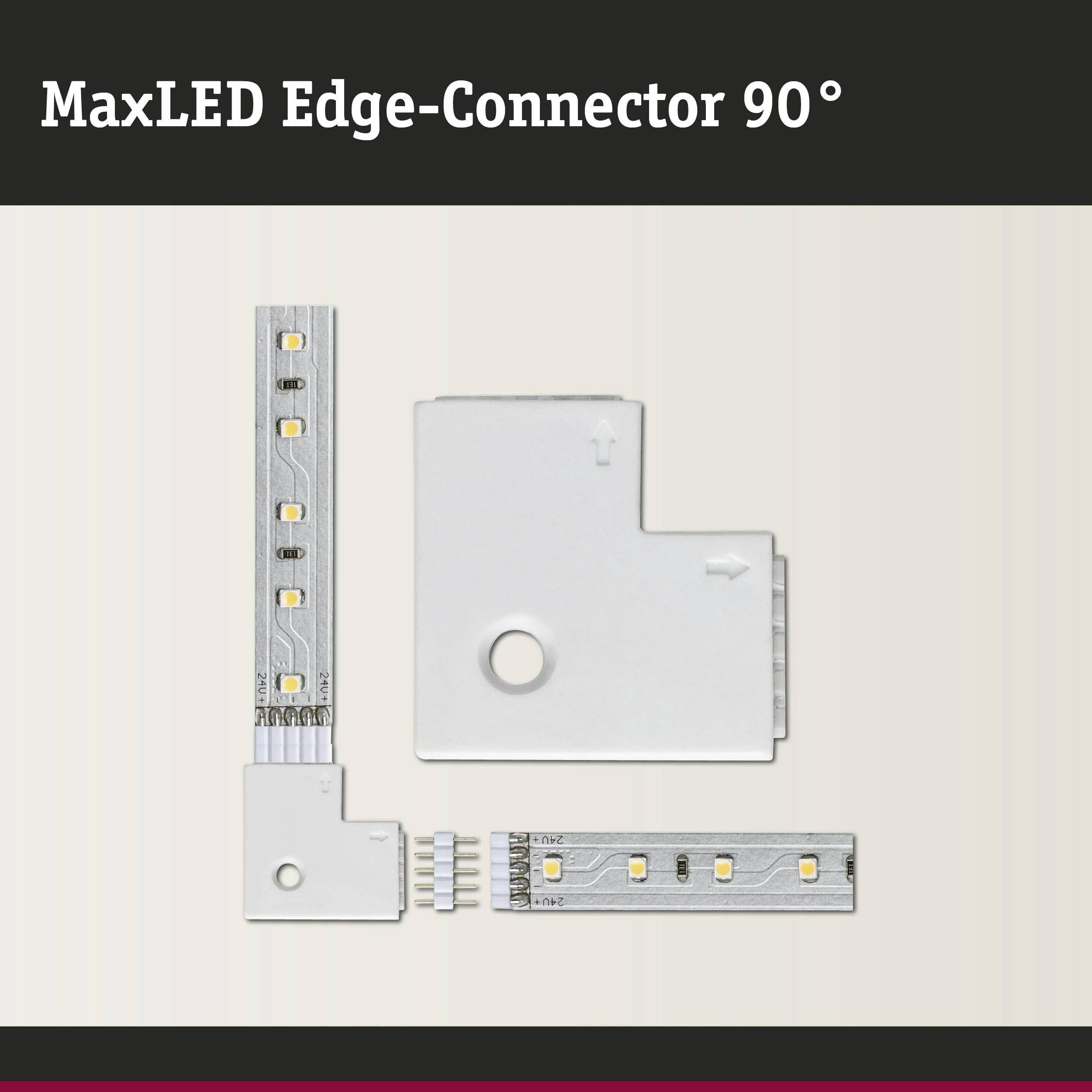 De MaxLED Edge-Connector 90° toont een L-vormige verbinding voor LED-strips ter uitbreiding of aanpassing van verlichtingshoeken.