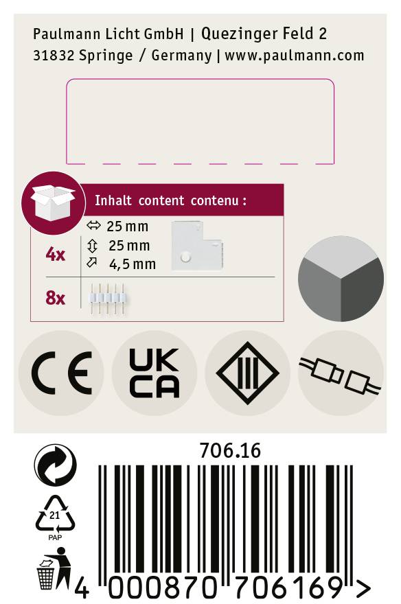 Productverpakking voor Paulmann Licht met adres. Toont symbolen voor 4x 25 mm en 8x 4,5 mm apparaten. Voldoet aan CE-, UK CA- en andere normen. Bevat streepjescode.