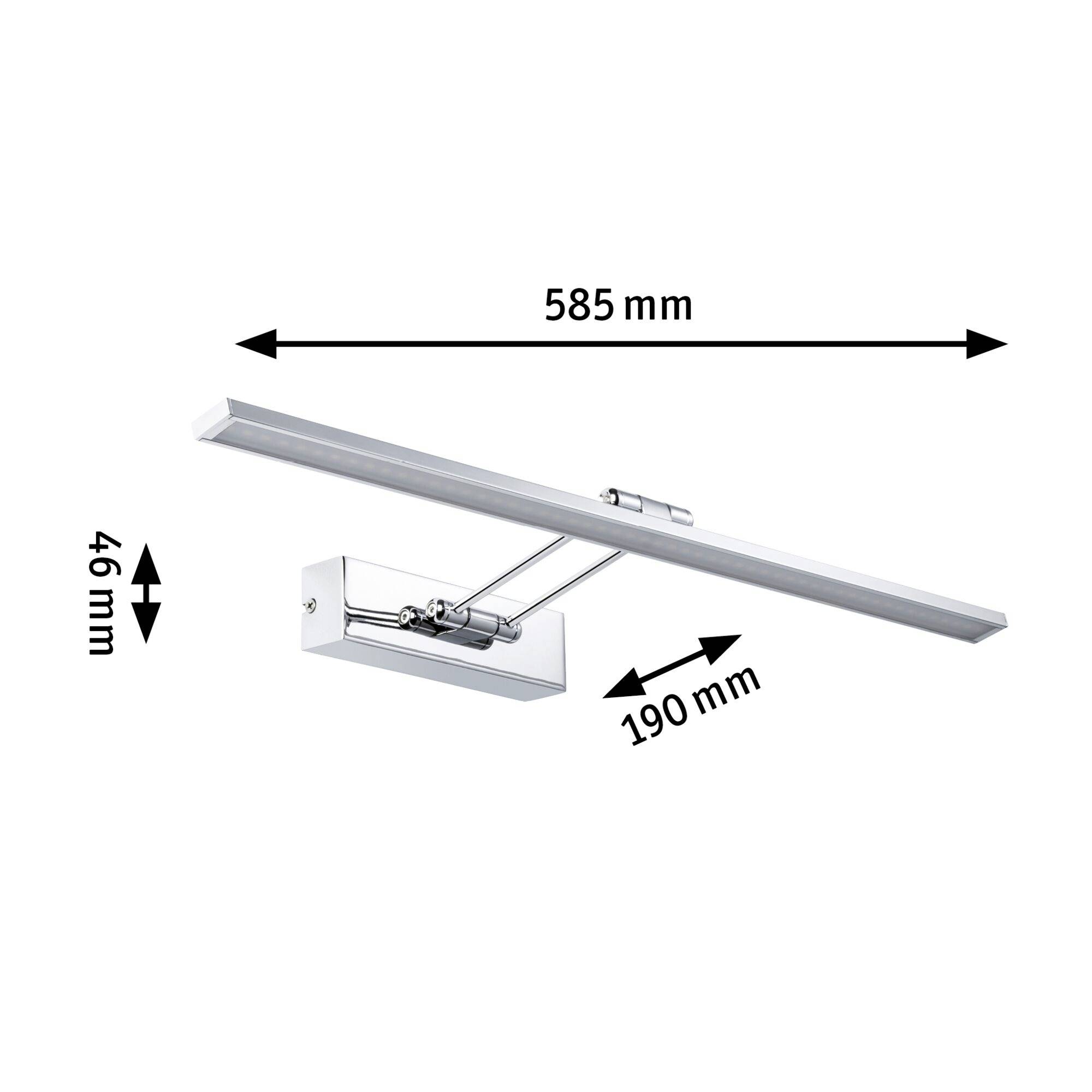Chroom-gekleurde, langwerpige LED-wandlamp met afmetingen van 585 mm x 46 mm x 190 mm. Geschikt voor het verlichten van schilderijen.
