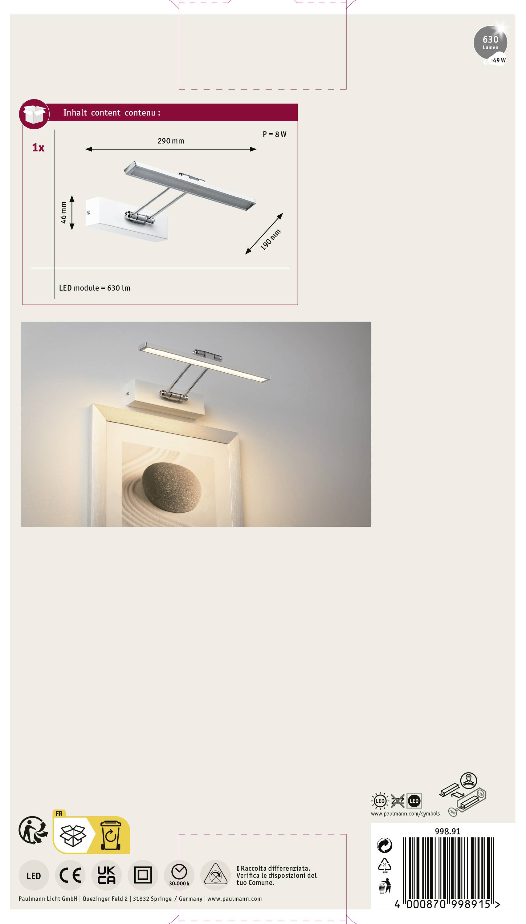 Een zilveren LED-lamp boven een ingelijste afbeelding aan de muur. Verpakking geeft afmetingen aan: 355 mm. Bevat 1 artikel.