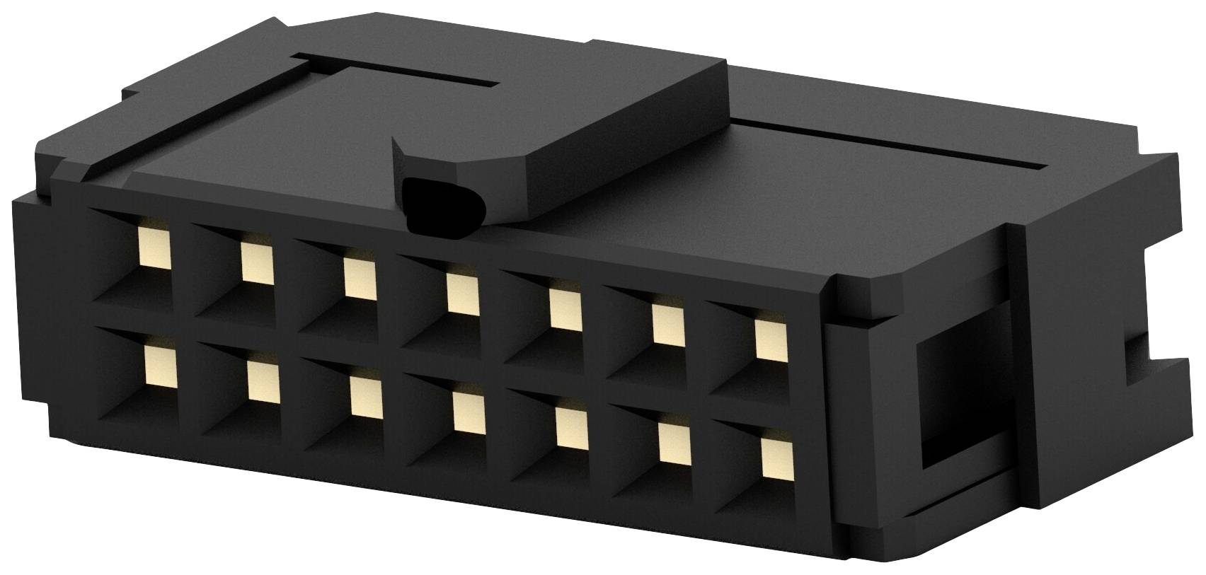 Zwarte elektrische stekker met twee rijen vergulde metalen contacten. Gebruikt voor elektronische verbindingen.