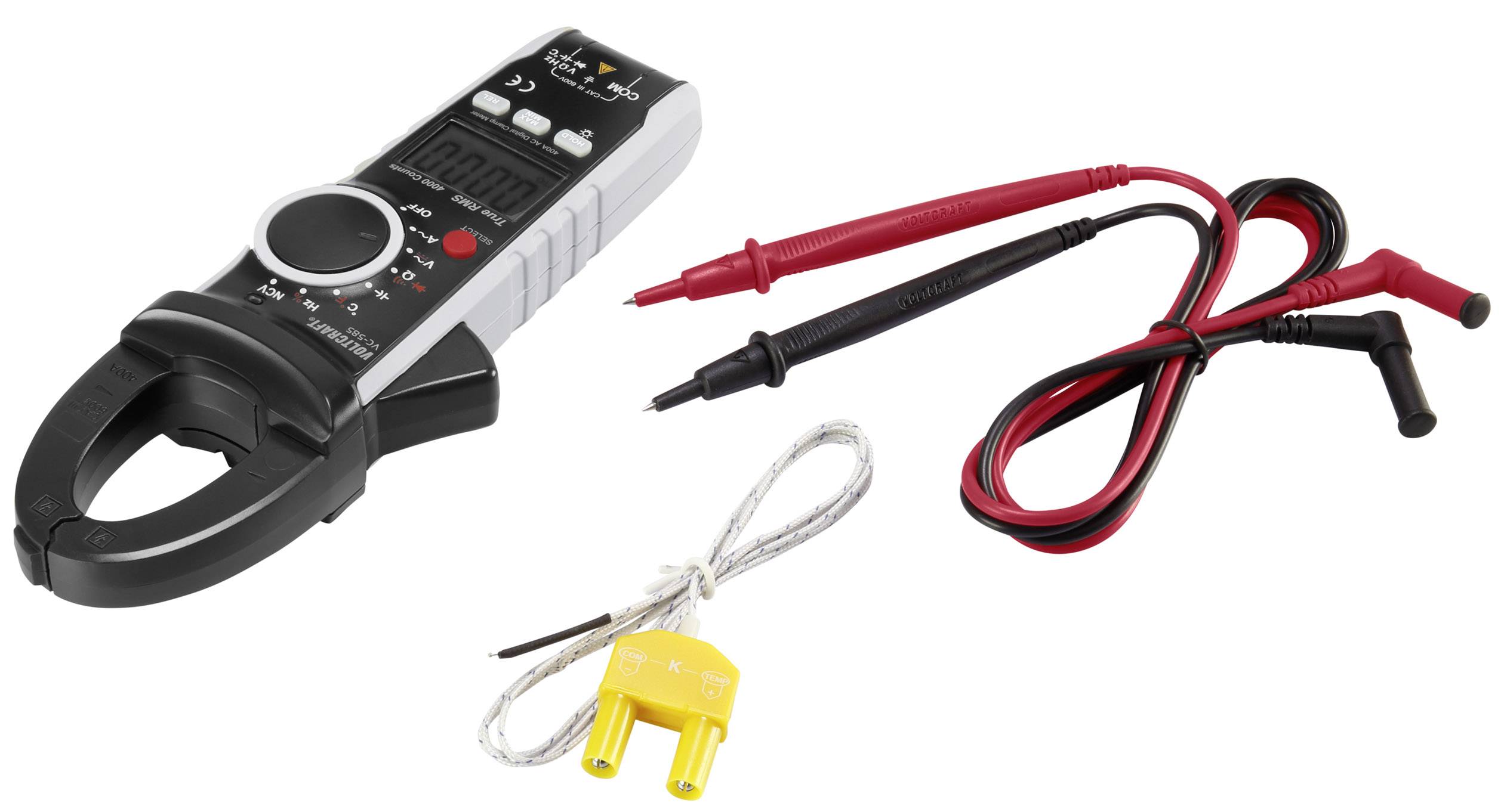 Een digitaal multimeter met klemmen, rode en zwarte meetkabels en een gele sensor voor temperatuurmetingen.