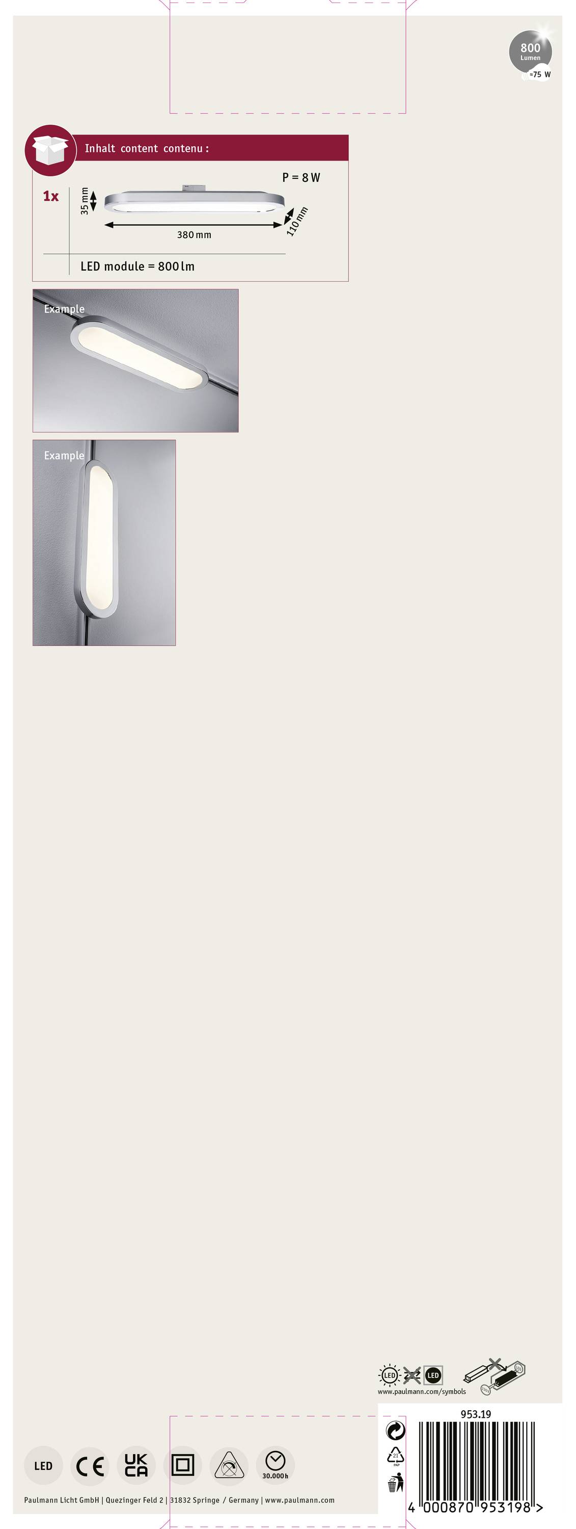 Productverpakking van een LED-verlichting met afbeeldingen van de lamp vanuit verschillende perspectieven. Informatie over de LED-moduleprestatiegegevens en CE-certificering wordt vermeld.