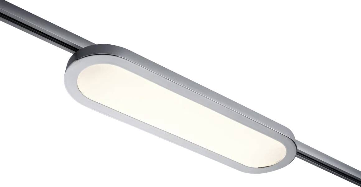 Een moderne, langwerpige plafondspot in zilver en wit is bevestigd aan een rail.