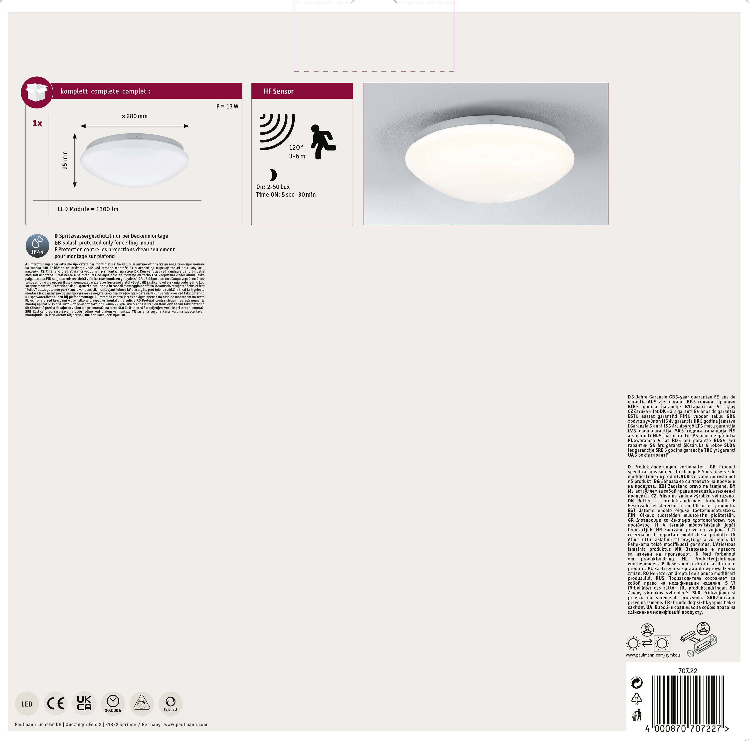 Plafondlamp met bewegingsmelder, 400 lm, 3000K; diameter: 28 cm, hoogte: 9 cm; LED-module, energiezuinig, IP44, geschikt voor binnen.