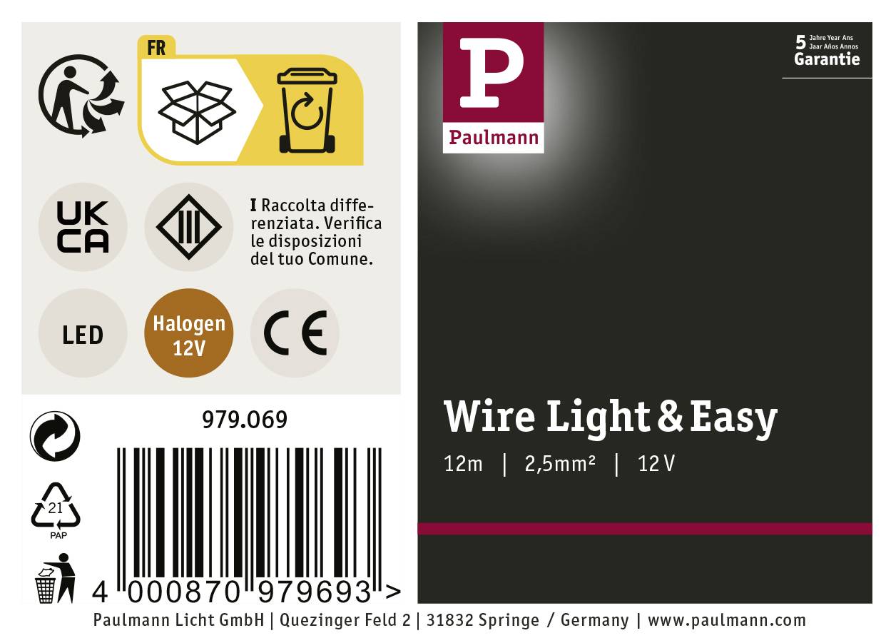 'Paulmann' Productlabel toont symbolen zoals Recycling, LED, CE. Tekst: 'Wire Light & Easy 12m, 2,5mm², 12V'. Garantie 5 jaar.