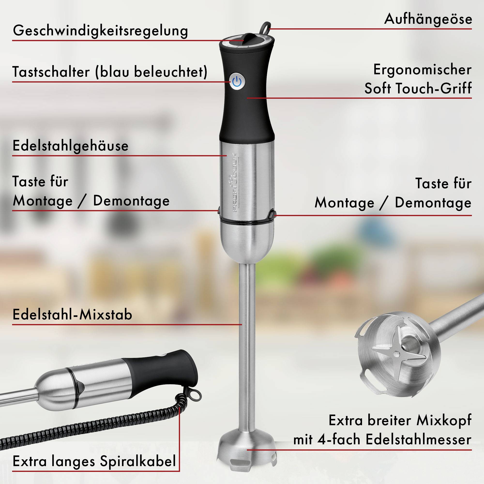 Een staafmixer met snelheidsregeling, ergonomische handgreep, extra brede mixkop en vier roestvrijstalen messen, inclusief toebehoren.