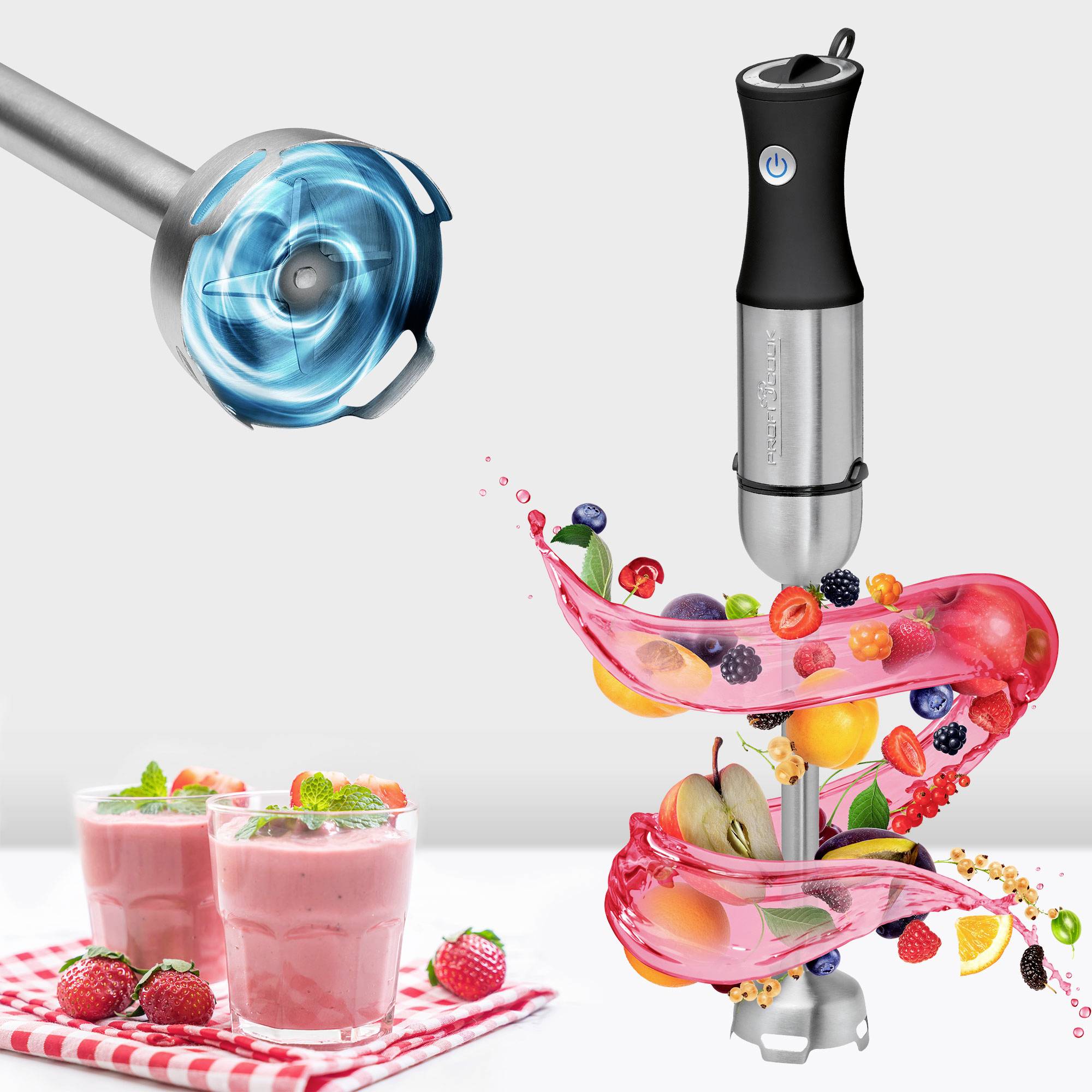 Een staafmixer met een behuizing van roestvrij staal, omringd door een kleurrijke wervel van fruit en smoothies, die frisheid en energie suggereert.