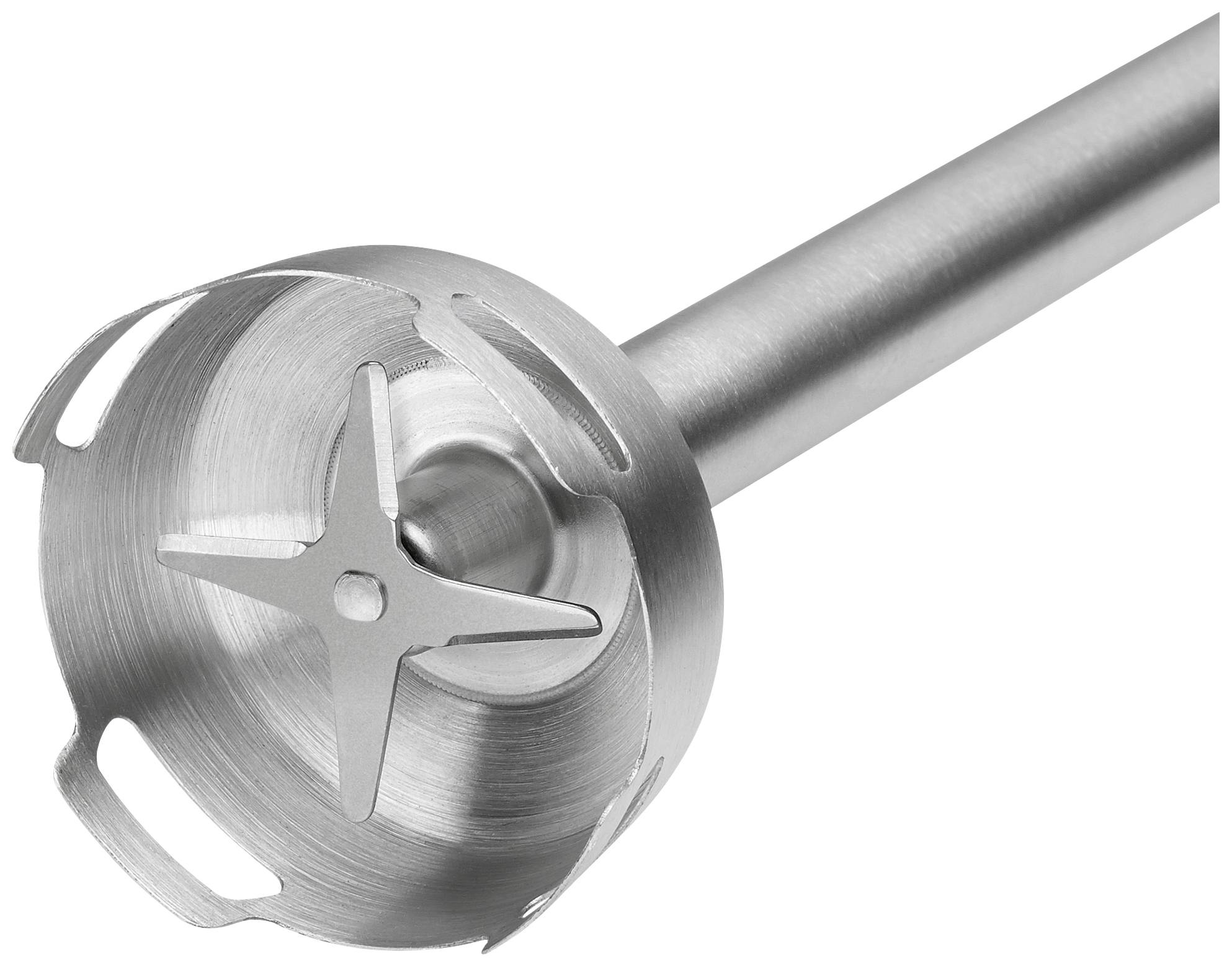 Een roestvrijstalen staafmixeropzetstuk met scherpe messen, geschikt voor het bereiden van voedsel in een keuken.